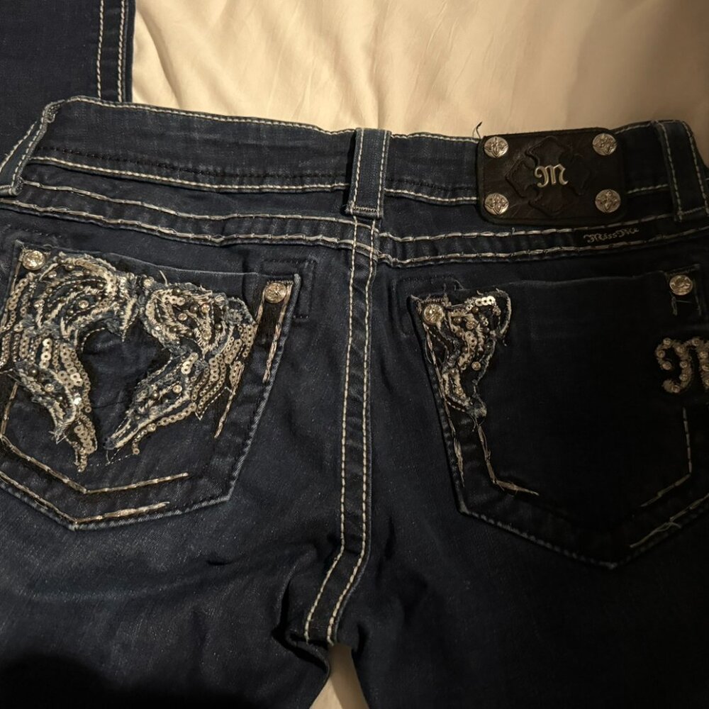 Miss Me Dark Wash Jeggings Embellished Pockets Size 28
